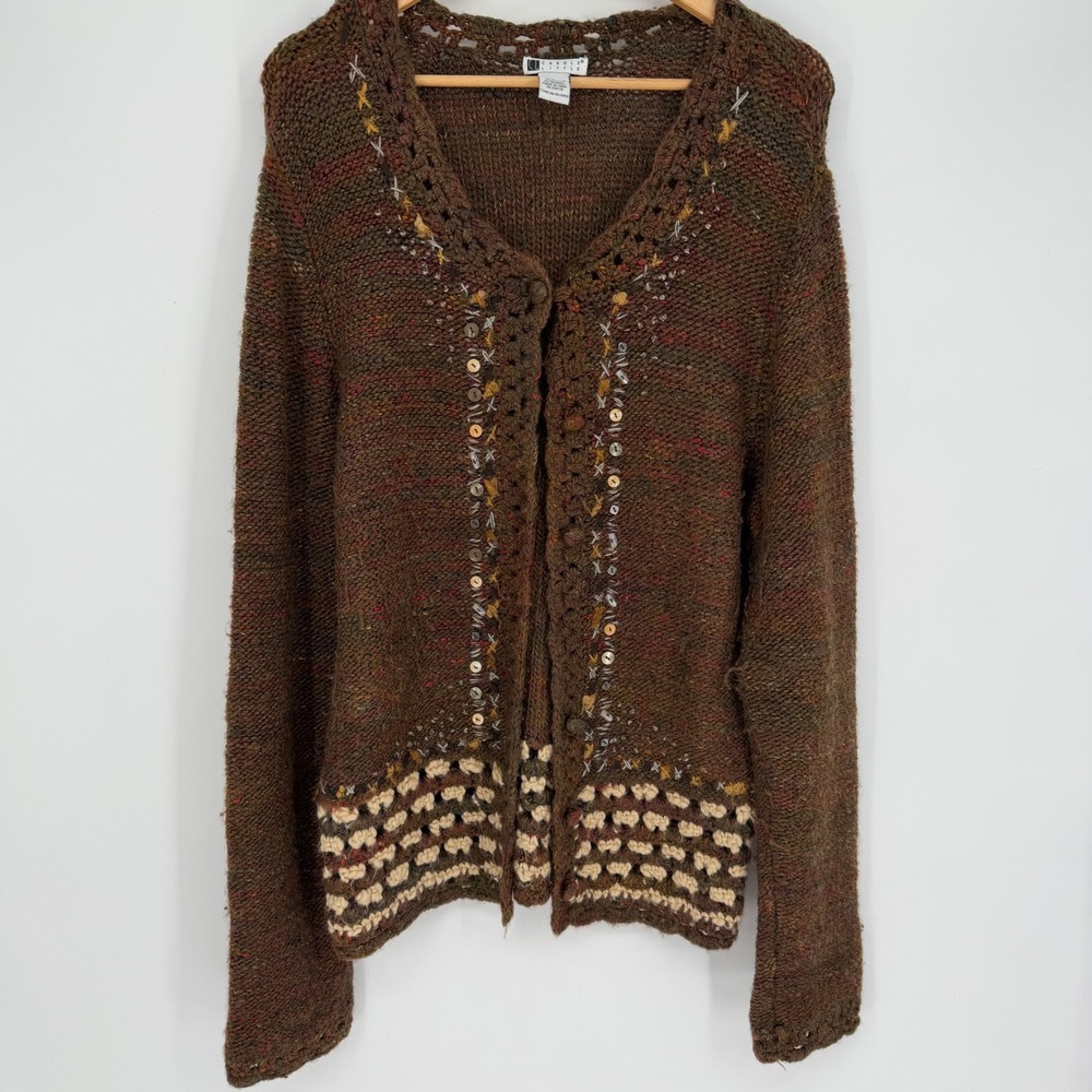 Carole Little Brown Marl Wool Blend Crochet Hem Button Front Cardigan Sweater L